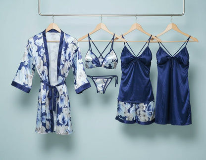 Two Hearts 6Pcs Silk Nightwear-Blue