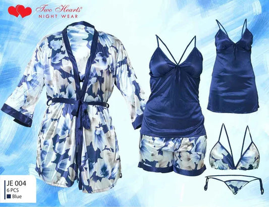 Two Hearts 6Pcs Silk Nightwear-Blue