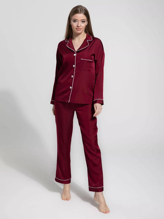 Royal Maroon – Silky Pajama Set for Women