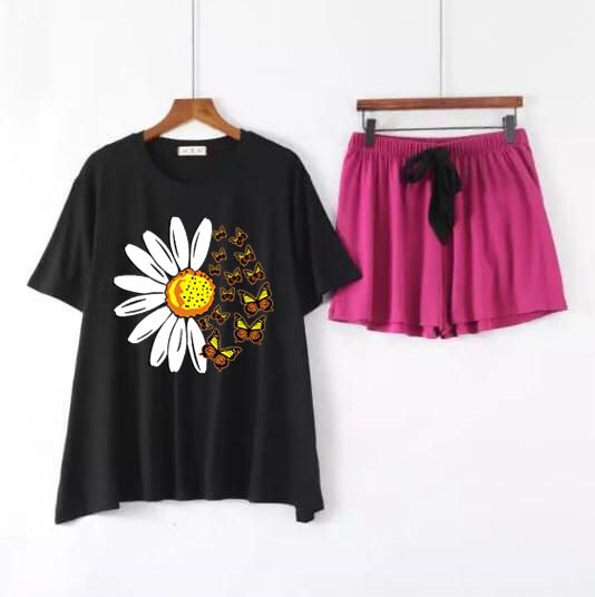 Women Butterflies Daisy Graphic Print Short Sleeve T-Shirt & Trouser