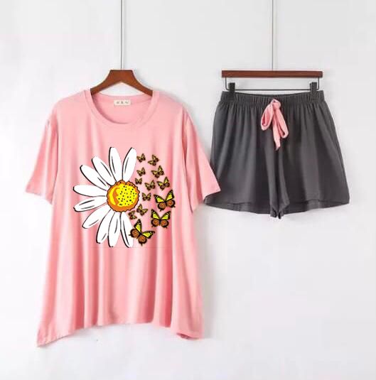 Women Butterflies Daisy Graphic Print Short Sleeve T-Shirt & Trouser