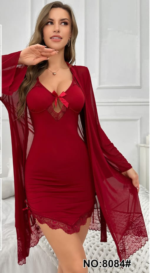 Lace Trimmed Satin & Mesh Nightdress with Robe Set – Style 8084