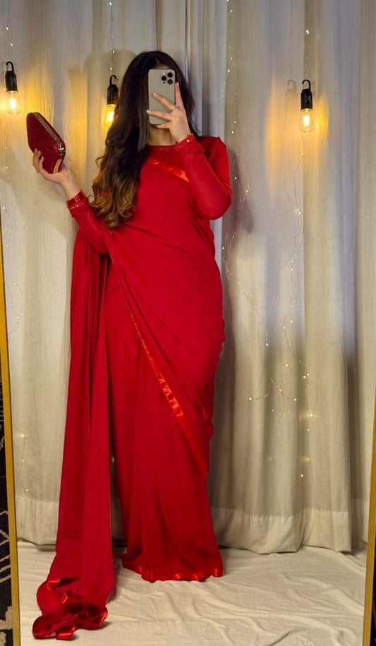 Romantic Crimson Chiffon Saree