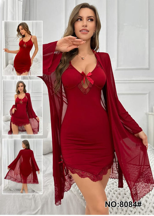 Lace Trimmed Satin & Mesh Nightdress with Robe Set – Style 8084