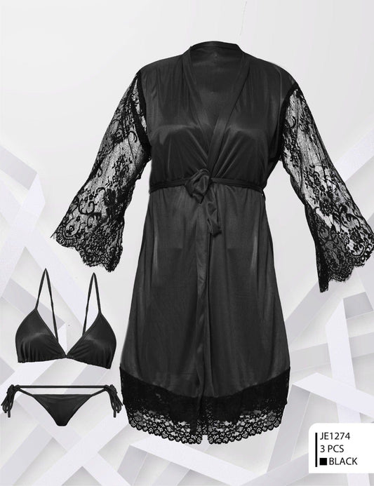 Two Hearts Imported 3-Pcs Satin & Lace Nightwear Set