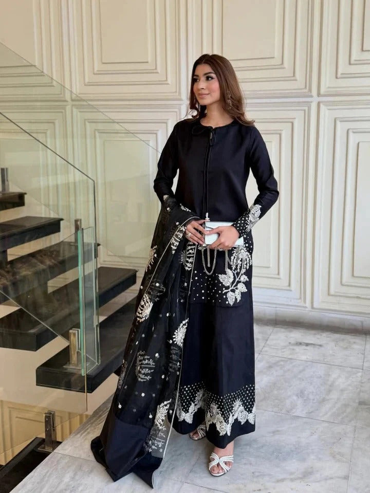 Azure Bloom Embroidered 3-Piece Suit