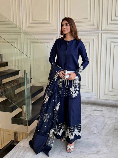 Azure Bloom Embroidered 3-Piece Suit