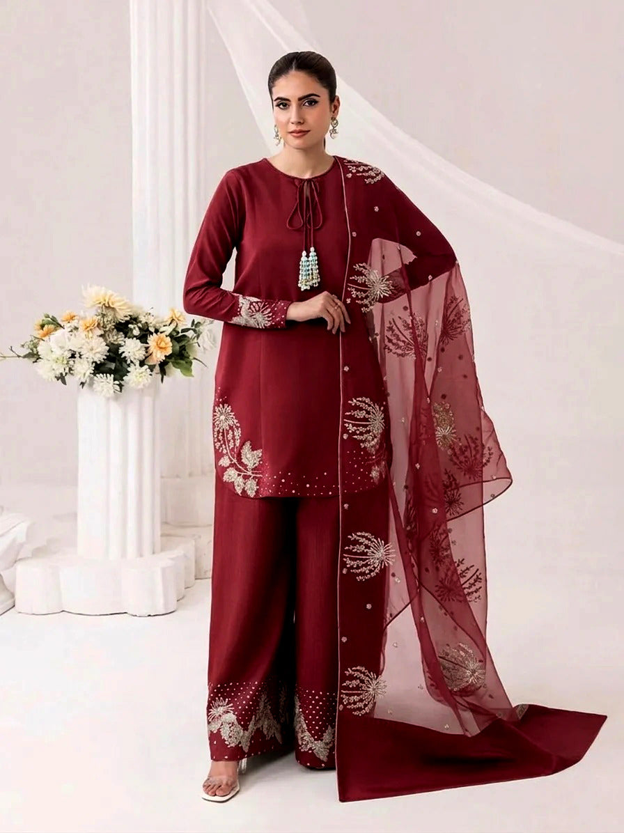 Azure Bloom Embroidered 3-Piece Suit