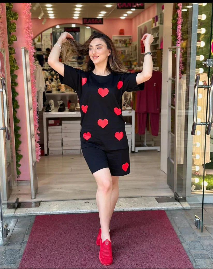 Heart Print T-Shirt & Short For Women's