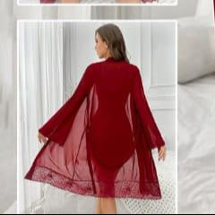 Lace Trimmed Satin & Mesh Nightdress with Robe Set – Style 8084